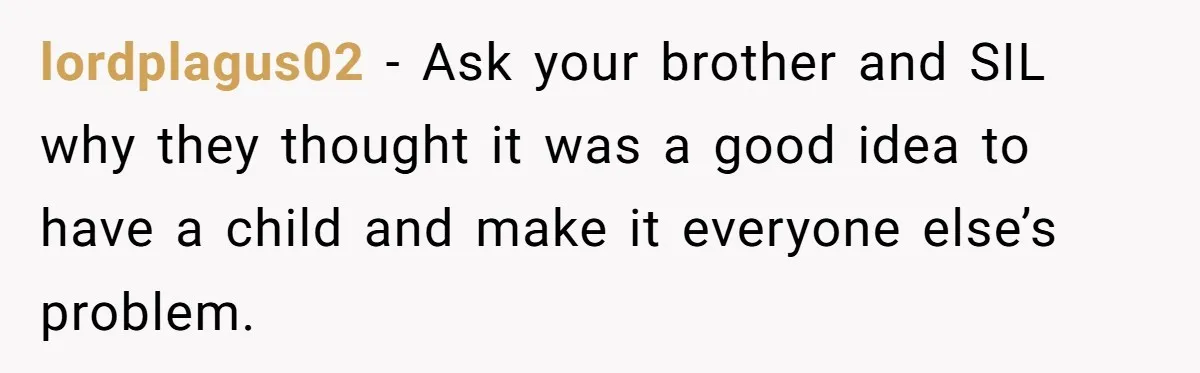 lordplagus02 − Ask your brother and SIL why they thought it was a good idea to have a child and make it everyone else’s problem.