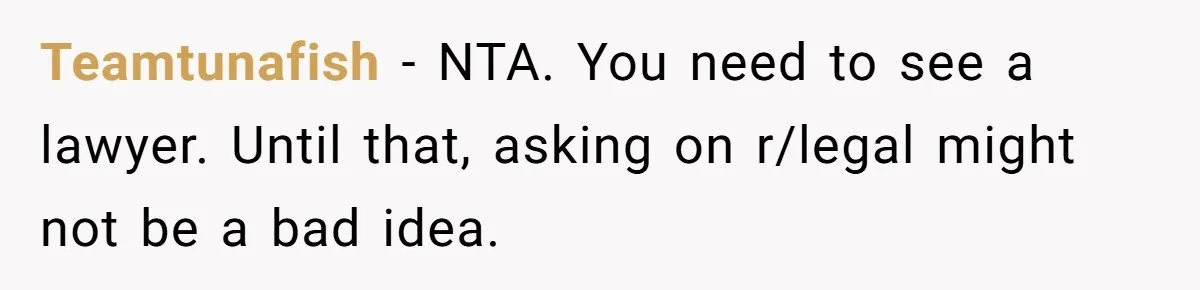 Teamtunafish − NTA. You need to see a lawyer. Until that, asking on r/legal might not be a bad idea.