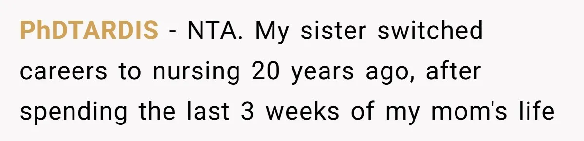 PhDTARDIS − NTA. My sister switched careers to nursing 20 years ago, after spending the last 3 weeks of my mom's life