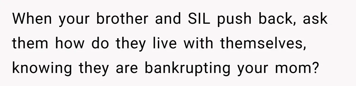 When your brother and SIL push back, ask them how do they live with themselves, knowing they are bankrupting your mom?