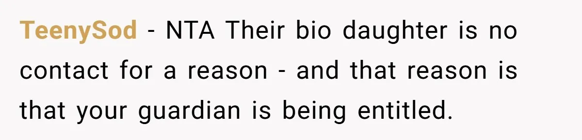 TeenySod − NTA Their bio daughter is no contact for a reason - and that reason is that your guardian is being entitled.