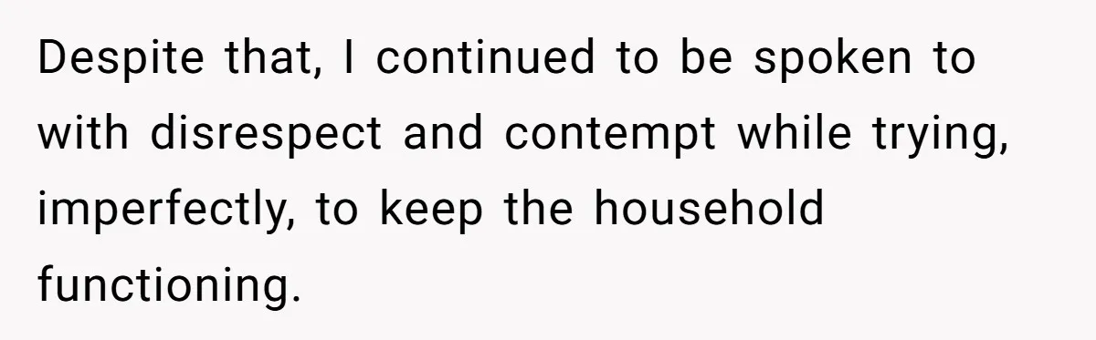 Despite that, I continued to be spoken to with disrespect and contempt while trying, imperfectly, to keep the household functioning.