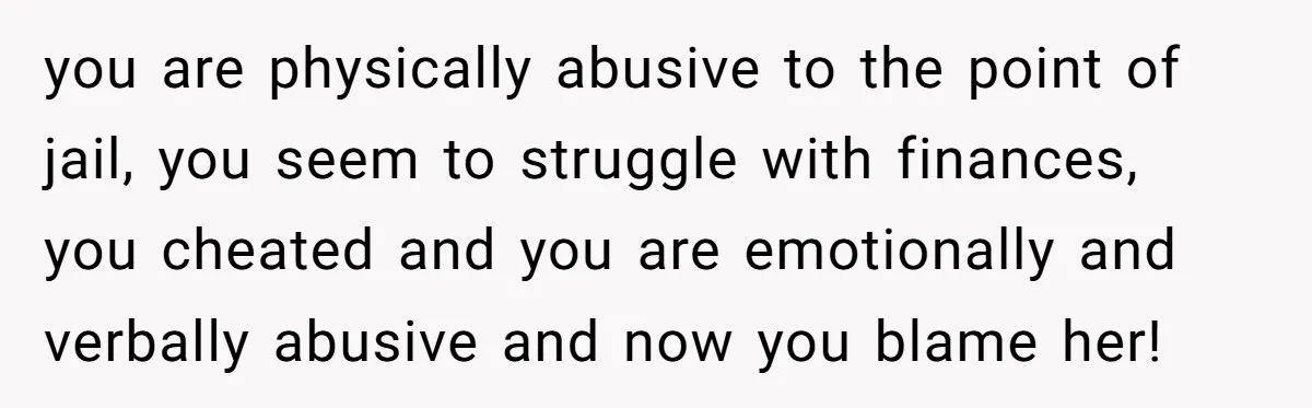 you are physically abusive to the point of jail, you seem to struggle with finances, you cheated and you are emotionally and verbally abusive and now you blame her!