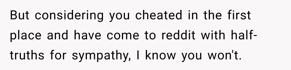 But considering you cheated in the first place and have come to reddit with half-truths for sympathy, I know you won't.
