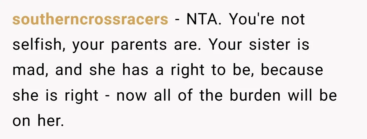 southerncrossracers − NTA. You're not selfish, your parents are. Your sister is mad, and she has a right to be, because she is right - now all of the burden...
