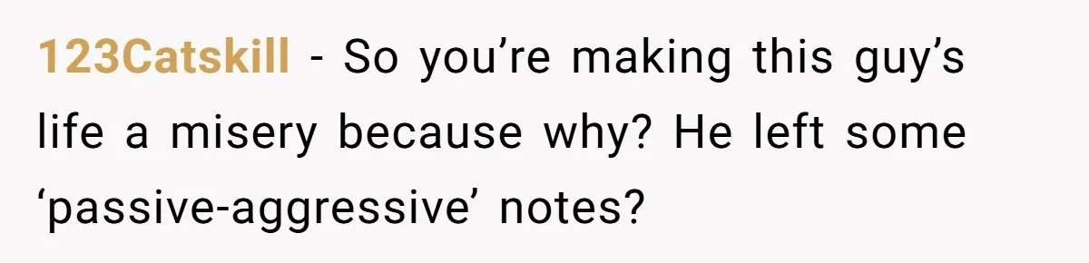123Catskill − So you’re making this guy’s life a misery because why? He left some ‘passive-aggressive’ notes?
