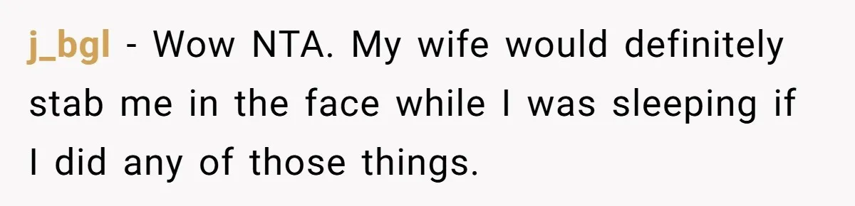 j_bgl − Wow NTA. My wife would definitely stab me in the face while I was sleeping if I did any of those things.