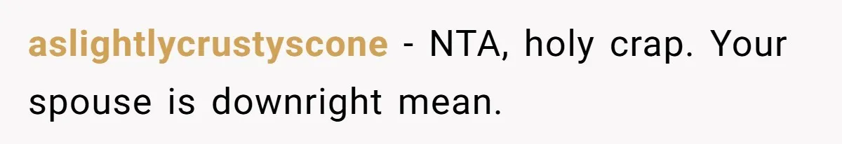 aslightlycrustyscone − NTA, holy crap. Your spouse is downright mean.