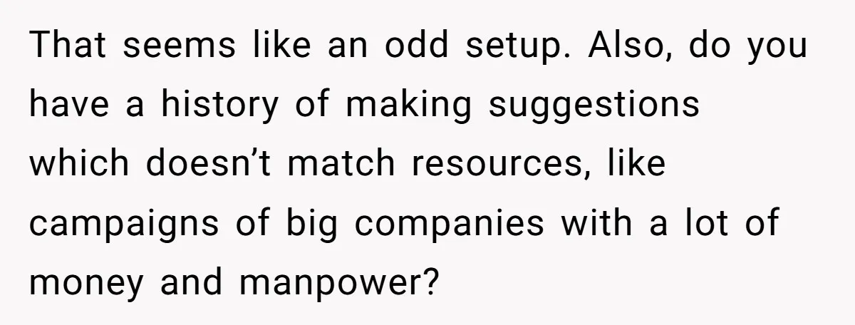 That seems like an odd setup. Also, do you have a history of making suggestions which doesn’t match resources, like campaigns of big companies with a lot of money and...