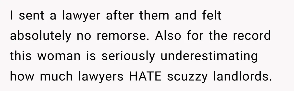 I sent a lawyer after them and felt absolutely no remorse. Also for the record this woman is seriously underestimating how much lawyers HATE scuzzy landlords.