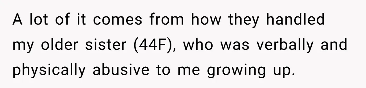 A lot of it comes from how they handled my older sister (44F), who was verbally and physically abusive to me growing up.