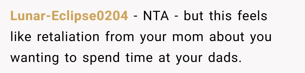 Lunar-Eclipse0204 − NTA - but this feels like retaliation from your mom about you wanting to spend time at your dads.