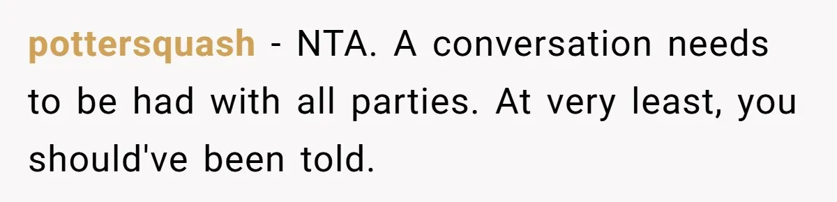 pottersquash − NTA. A conversation needs to be had with all parties. At very least, you should've been told.