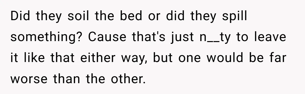 Did they soil the bed or did they spill something? Cause that's just n__ty to leave it like that either way, but one would be far worse than the other.