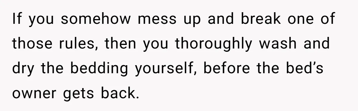 If you somehow mess up and break one of those rules, then you thoroughly wash and dry the bedding yourself, before the bed’s owner gets back.