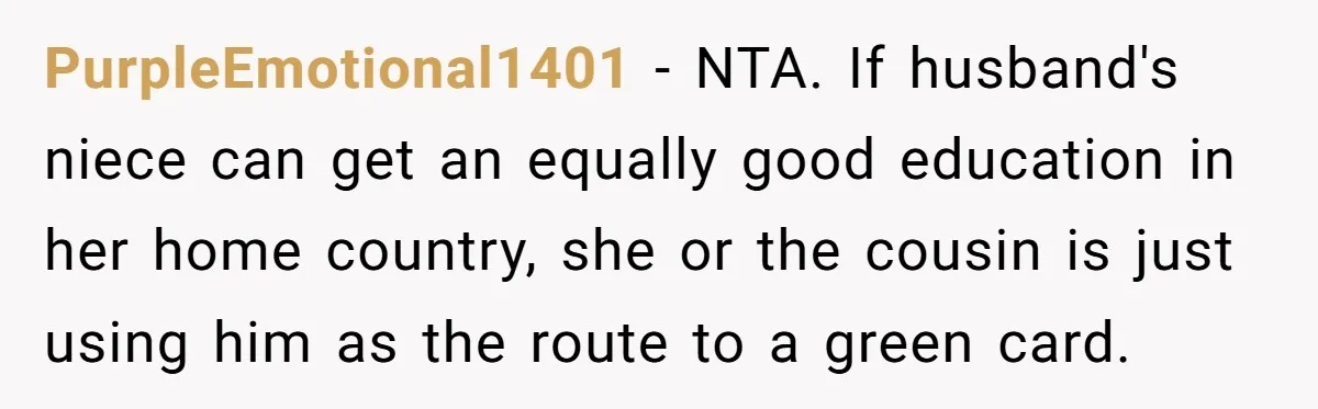 PurpleEmotional1401 − NTA. If husband's niece can get an equally good education in her home country, she or the cousin is just using him as the route to a green...