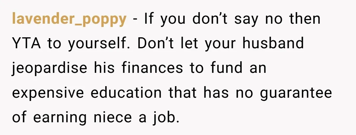 lavender_poppy − If you don’t say no then YTA to yourself. Don’t let your husband jeopardise his finances to fund an expensive education that has no guarantee of earning niece...