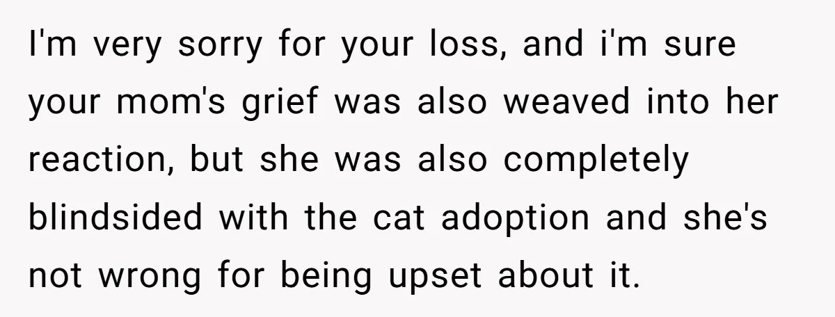 I'm very sorry for your loss, and i'm sure your mom's grief was also weaved into her reaction, but she was also completely blindsided with the cat adoption and she's...