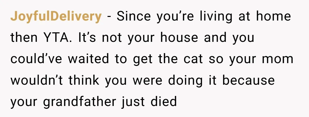 JoyfulDelivery − Since you’re living at home then YTA. It’s not your house and you could’ve waited to get the cat so your mom wouldn’t think you were doing it...