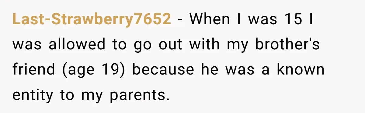 Last-Strawberry7652 − When I was 15 I was allowed to go out with my brother's friend (age 19) because he was a known entity to my parents.
