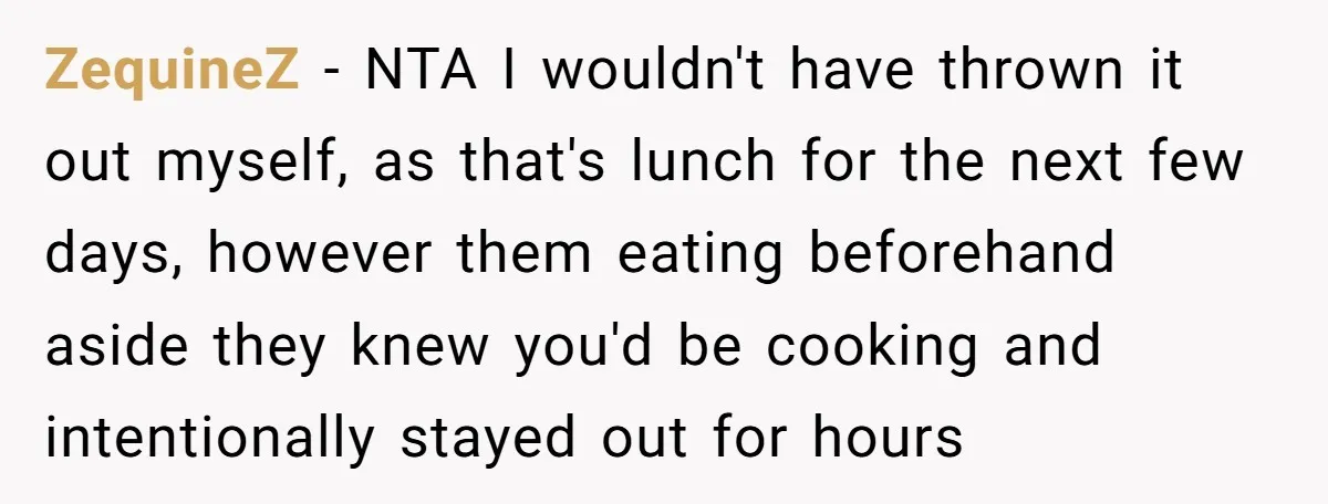 ZequineZ − NTA I wouldn't have thrown it out myself, as that's lunch for the next few days, however them eating beforehand aside they knew you'd be cooking and intentionally...