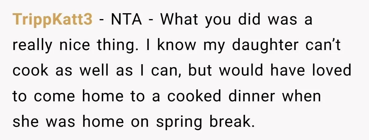 TrippKatt3 − NTA - What you did was a really nice thing. I know my daughter can’t cook as well as I can, but would have loved to come home...