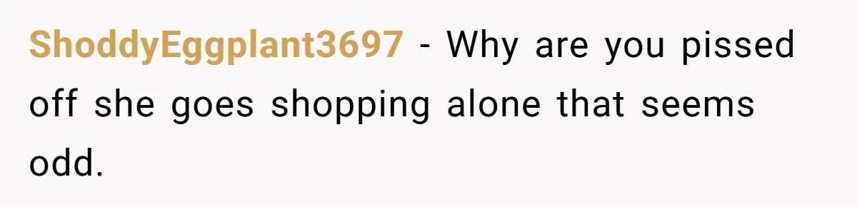 ShoddyEggplant3697 − Why are you pissed off she goes shopping alone that seems odd.
