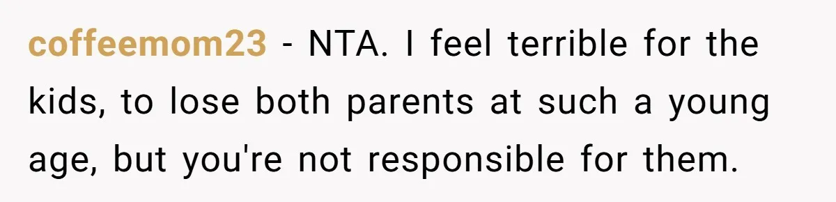 coffeemom23 − NTA. I feel terrible for the kids, to lose both parents at such a young age, but you're not responsible for them.