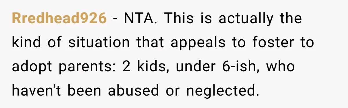 Rredhead926 − NTA. This is actually the kind of situation that appeals to foster to adopt parents: 2 kids, under 6-ish, who haven't been abused or neglected.