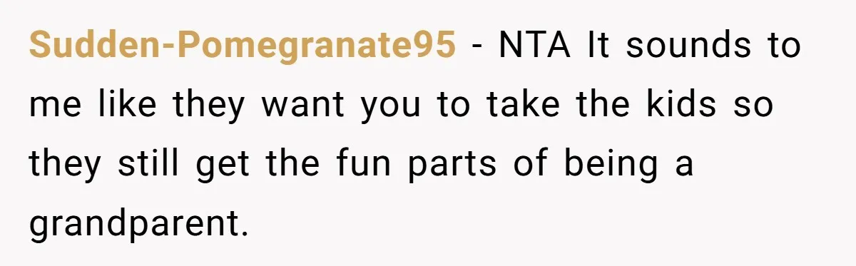 Sudden-Pomegranate95 − NTA It sounds to me like they want you to take the kids so they still get the fun parts of being a grandparent.