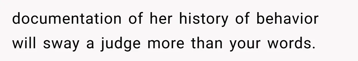 documentation of her history of behavior will sway a judge more than your words.