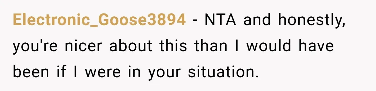 Electronic_Goose3894 − NTA and honestly, you're nicer about this than I would have been if I were in your situation.