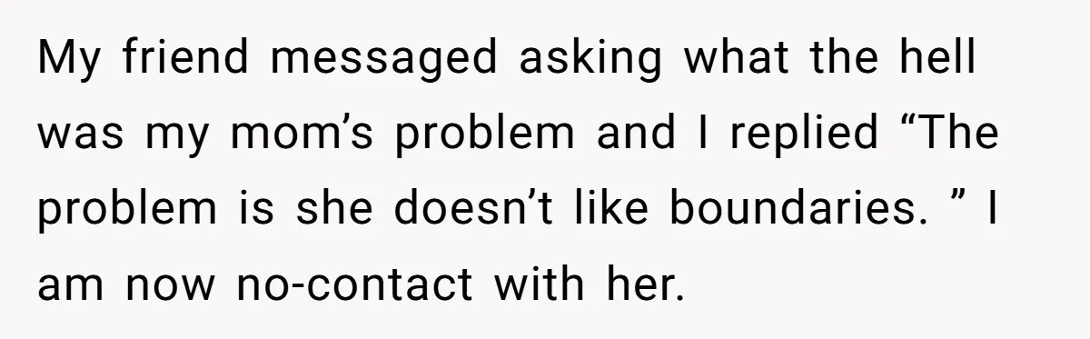 My friend messaged asking what the hell was my mom’s problem and I replied “The problem is she doesn’t like boundaries. ” I am now no-contact with her.