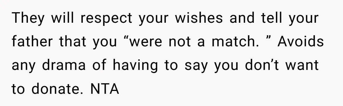 They will respect your wishes and tell your father that you “were not a match. ” Avoids any drama of having to say you don’t want to donate. NTA
