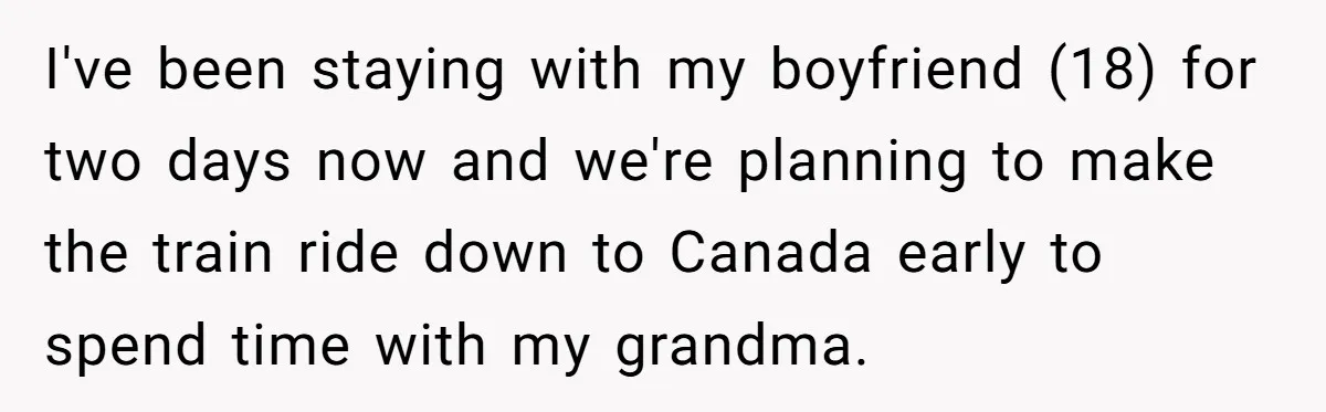 I've been staying with my boyfriend (18) for two days now and we're planning to make the train ride down to Canada early to spend time with my grandma.