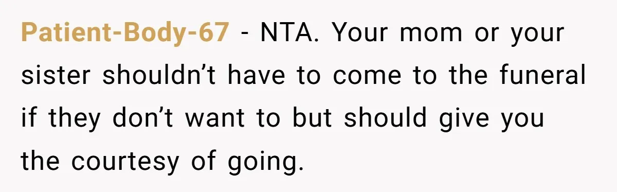 Patient-Body-67 − NTA. Your mom or your sister shouldn’t have to come to the funeral if they don’t want to but should give you the courtesy of going.