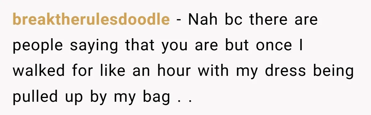 breaktherulesdoodle − Nah bc there are people saying that you are but once I walked for like an hour with my dress being pulled up by my bag . .