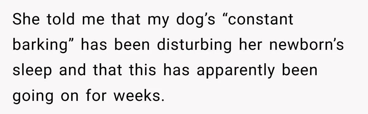 She told me that my dog’s “constant barking” has been disturbing her newborn’s sleep and that this has apparently been going on for weeks.
