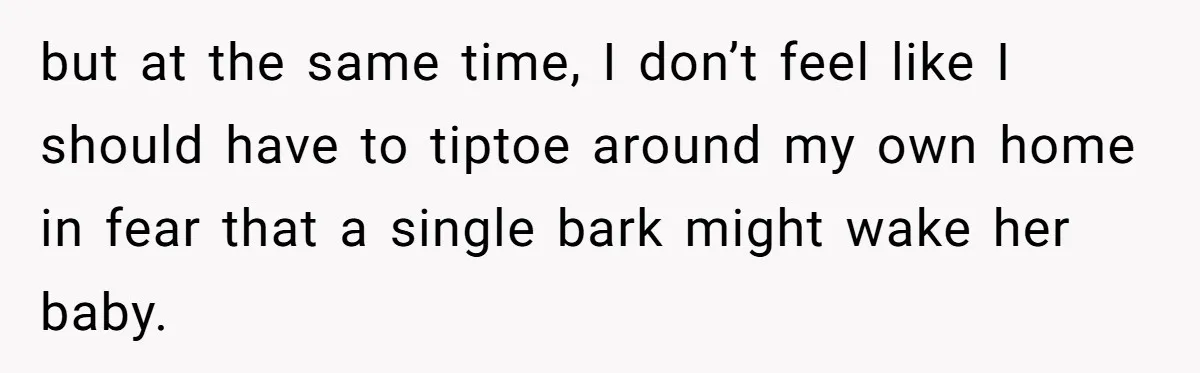 but at the same time, I don’t feel like I should have to tiptoe around my own home in fear that a single bark might wake her baby.