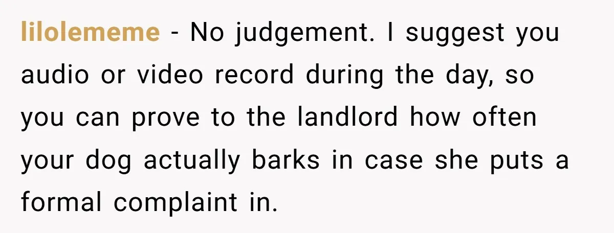 lilolememe − No judgement. I suggest you audio or video record during the day, so you can prove to the landlord how often your dog actually barks in case she...