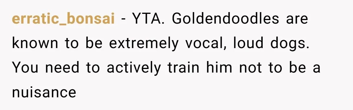 erratic_bonsai − YTA. Goldendoodles are known to be extremely vocal, loud dogs. You need to actively train him not to be a nuisance
