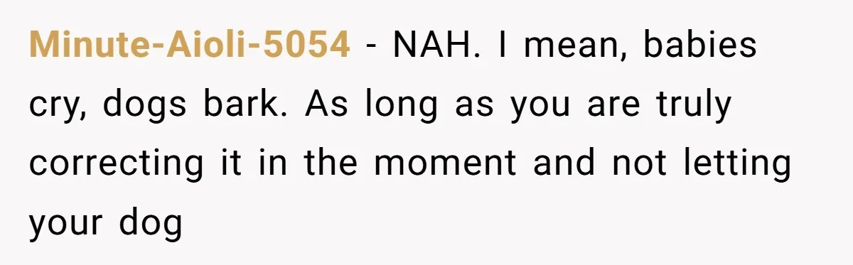 Minute-Aioli-5054 − NAH. I mean, babies cry, dogs bark. As long as you are truly correcting it in the moment and not letting your dog