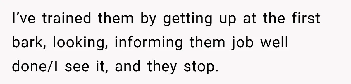 I’ve trained them by getting up at the first bark, looking, informing them job well done/I see it, and they stop.
