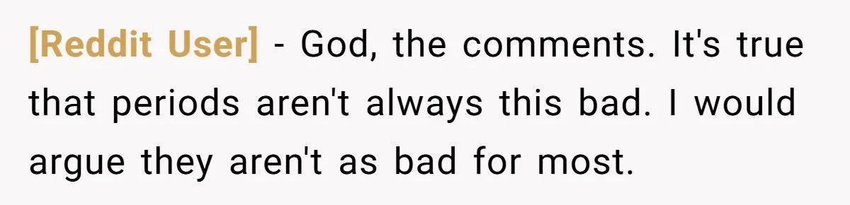 [Reddit User] − God, the comments. It's true that periods aren't always this bad. I would argue they aren't as bad for most.