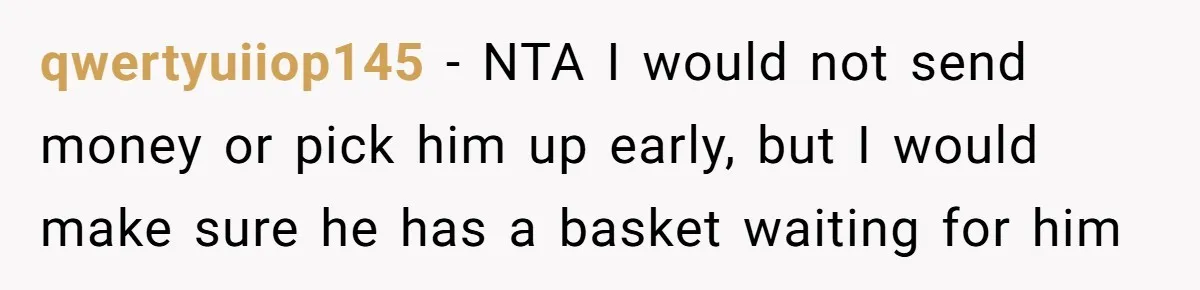 qwertyuiiop145 − NTA I would not send money or pick him up early, but I would make sure he has a basket waiting for him