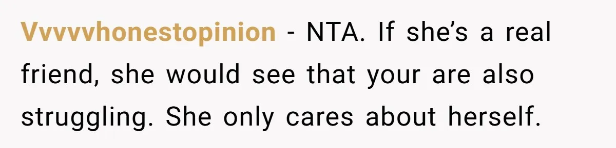 Woman Refuses Desperate Single Mom Move In Request With Newborn Baby Vvvvvhonestopinion − NTA. If she’s a real friend, she would see that your are also struggling. She only cares about herself.