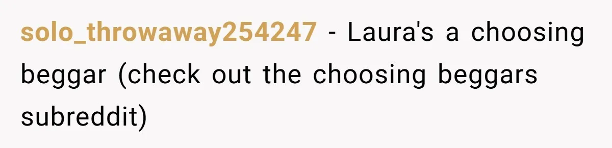 Woman Refuses Desperate Single Mom Move In Request With Newborn Baby solo_throwaway254247 − Laura's a choosing beggar (check out the choosing beggars subreddit)