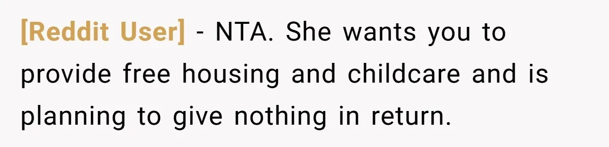 [Reddit User] − NTA. She wants you to provide free housing and childcare and is planning to give nothing in return.
