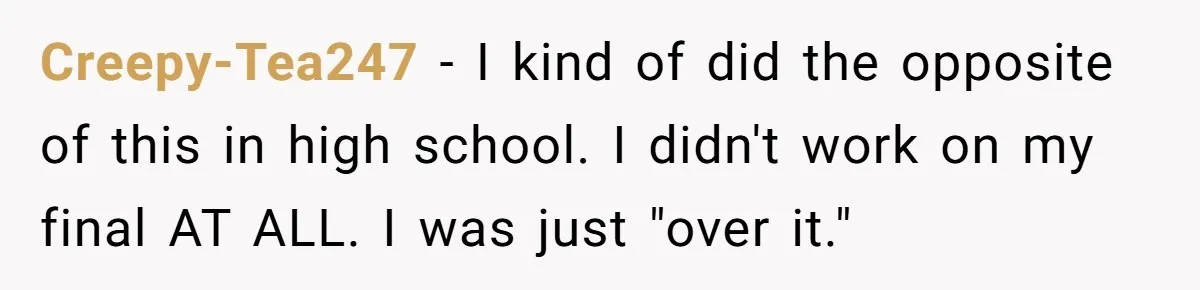 Creepy-Tea247 − I kind of did the opposite of this in high school. I didn't work on my final AT ALL. I was just "over it."