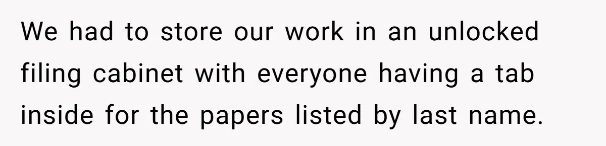 We had to store our work in an unlocked filing cabinet with everyone having a tab inside for the papers listed by last name.